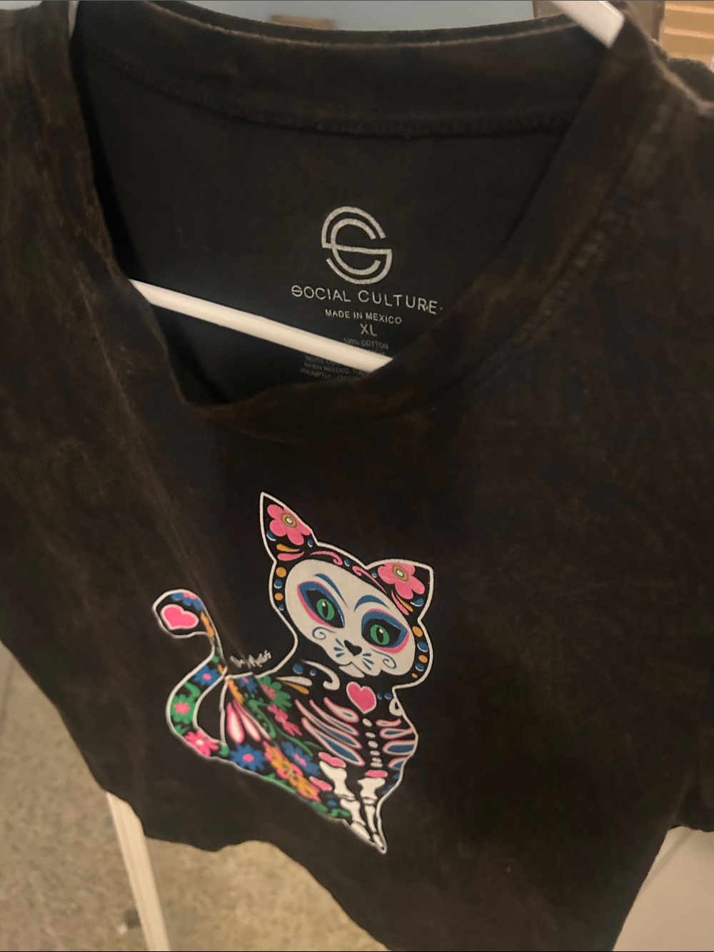 Social Culture Black Crop Top with Colorful Day of the Dead Cat Graphic